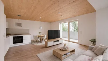 Helles, offenes Wohnzimmer mit integrierter Küche, Essbereich und Zugang zum Balkon, ausgestattet mit modernen Möbeln.