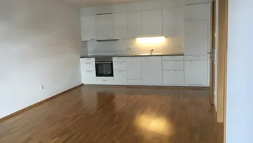 Moderne Einbauküche mit weißen Schränken und integriertem Backofen in einem offenen Wohnbereich.