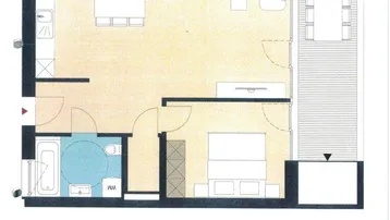 Grundriss einer 2-Zimmer-Wohnung mit offenem Wohnbereich, Schlafzimmer und großer Terrasse.