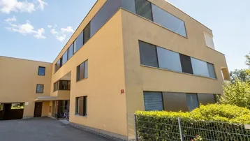 Modernes Mehrfamilienhaus mit gelber Fassade, großen Fenstern und umliegender Hecke unter blauem Himmel.