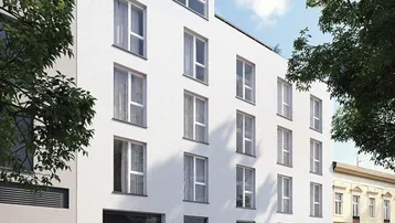 Straßenansicht eines modernen Wohngebäudes mit großen Fenstern und integrierter Garage.
