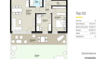 Grundriss der Gartenwohnung Top 02 mit offenem Wohn-Essbereich, zwei Schlafzimmern, Terrasse und privatem Garten.