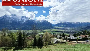 Panoramablick auf schneebedeckte Berge und eine grüne Landschaft mit Wohnbebauung unter blauem Himmel.