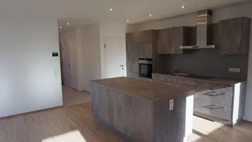 Moderne Einbauküche mit Kücheninsel, integrierten Geräten und hellem Holzfußboden.