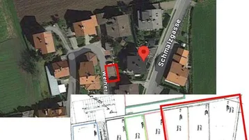 Luftaufnahme des Grundstücks mit umliegender Bebauung und überlagertem Katasterplan zur Orientierung.