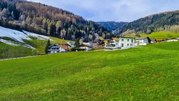 Weitläufige grüne Wiesen mit Häusern und bewaldeten Bergen im Hintergrund.