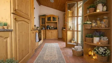 Gemütliche Küche im Landhausstil mit Holzelementen, Fliesenboden und Zugang zum Außenbereich.
