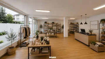 Heller und moderner Verkaufsraum mit großen Fenstern, Holzboden und vielfältiger Produktauslage.