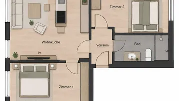 Grundriss einer Wohnung mit offener Wohnküche, zwei Schlafzimmern und Bad.