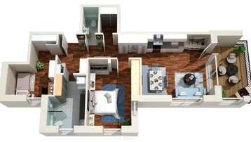Moderner 3D-Grundriss mit offenem Wohnbereich, zwei Schlafzimmern und Balkon.