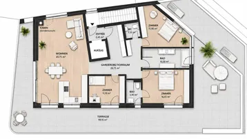 Detaillierter Grundriss einer Wohnung mit großer Terrasse, drei Zimmern und offenem Wohnbereich.