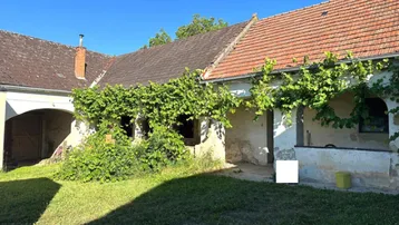 Innenhof mit Rasenfläche und begrüntem Gebäude, das Renovierungsbedarf aufweist.