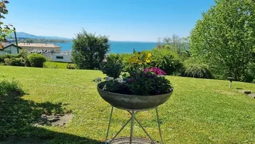 Grüner Gartenbereich mit Blumenkübel und weitem Blick auf den See und die umliegende Landschaft.