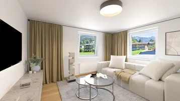 Helles Wohnzimmer mit moderner Einrichtung, Parkettboden und weitem Blick auf die grüne Berglandschaft.