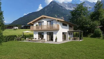 Visualisierung eines modernen Hauses mit Balkon, Terrasse und Bergblick in grüner Umgebung.