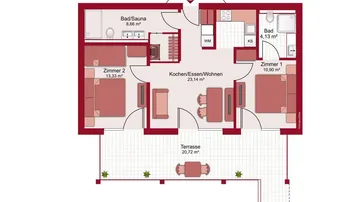 Detaillierter Grundriss mit offenem Wohnbereich, zwei Schlafzimmern, zwei Bädern und großer Terrasse.