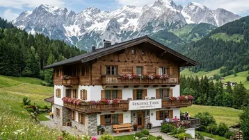Traditionelles Alpenhaus mit Holzfassade und Steinverkleidung, umgeben von grünen Wiesen und majestätischen Bergen.