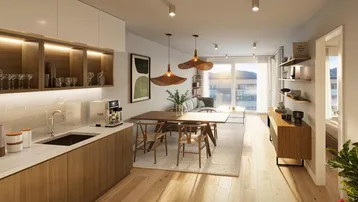 Offene Küche mit Essbereich und Wohnzimmer, ausgestattet mit modernen Holzmöbeln und viel Tageslicht.