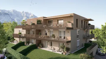 Modernes Mehrfamilienhaus mit Holzfassade, Balkonen und Bergblick in grüner Umgebung.