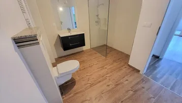 Modernes Badezimmer mit begehbarer Dusche, Hänge-WC und Holzoptik-Fliesenboden.