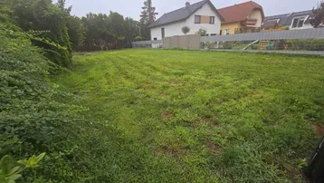 Großes, unbebautes Grundstück mit Rasenfläche und umgebender Vegetation, ideal für Neubau.