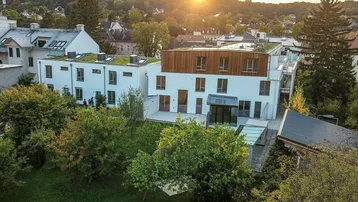 Moderne Wohnanlage mit Gründach und Holzfassade, umgeben von Bäumen bei Sonnenuntergang.