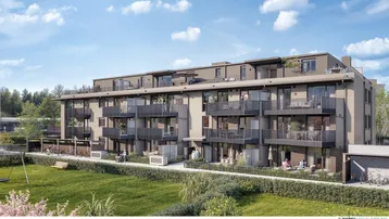 Moderne Wohnanlage mit mehreren Balkonen und Terrassen in grüner Umgebung.