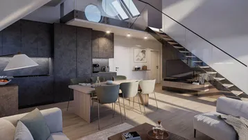 Modernes, offenes Wohn-Esszimmer mit integrierter Küche, Holzfußboden und Galerie mit Dachfenstern.