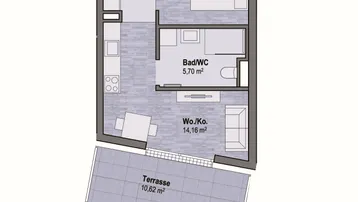 Grundriss einer kompakten Wohnung mit offenem Wohn-/Kochbereich, Schlafzimmer und Terrasse.