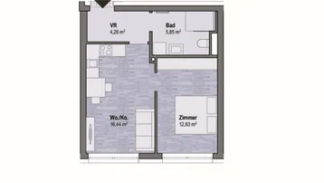 Grundriss einer kleinen Wohnung mit offenem Wohn-/Kochbereich, einem Schlafzimmer und einem Badezimmer.
