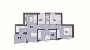 Grundriss einer Wohnung mit offenem Wohn-/Kochbereich, zwei Schlafzimmern, Bad und Balkon.