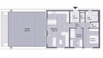 Grundriss mit großer Terrasse, offenem Wohnbereich, zwei Schlafzimmern und separatem WC.