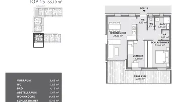Grundriss der Wohnung TOP 15 im 1. Obergeschoss mit Wohnküche, Schlafzimmer und Terrasse.
