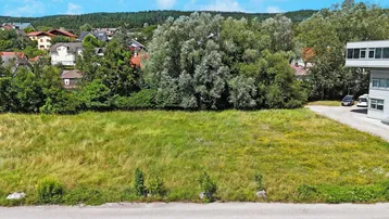 Weitläufiges grünes Grundstück mit Grasfläche und Bäumen, umgeben von Wohnbebauung und Natur.