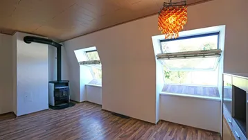 Wohnzimmer mit gemütlichem Holzofen und zwei Dachfenstern, die viel Licht hereinlassen.