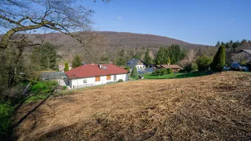 Weitläufiges Grundstück mit Einfamilienhaus und Blick auf die umliegende Natur und Wälder.