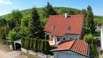 Luftaufnahme eines Einfamilienhauses mit rotem Ziegeldach, umgeben von viel Grün und einem bewaldeten Hügel im Hintergrund.