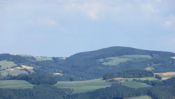 Weitläufiger Panoramablick über sanfte Hügel, dichte Wälder und grüne Felder unter bewölktem Himmel.