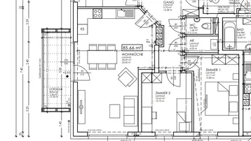 Grundriss des 2. Obergeschosses mit offenem Wohn- und Küchenbereich, drei Schlafzimmern, zwei Bädern und einer Loggia.