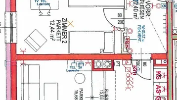 Detaillierter Grundriss einer 3-Zimmer-Wohnung mit offenem Wohnbereich und großem Balkon.