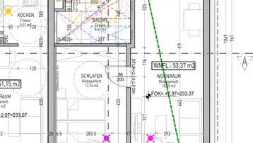 Detaillierter Grundriss einer Wohnung mit offenem Wohnbereich, Schlafzimmer, Küche und Balkon.