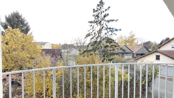 Blick von einem Balkon auf Bäume mit Herbstlaub und die umliegenden Häuser.