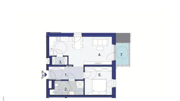 Grundriss der Wohnung Top 04 mit offener Wohnküche, einem Zimmer und Balkon.