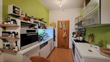 Moderne Küche mit weißen Schränken, integrierten Geräten und grünen Akzentwänden.