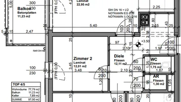 Detaillierter Grundriss einer Wohnung mit offenem Wohn-Essbereich, zwei Schlafzimmern, Balkon und separatem WC.