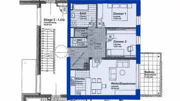 Grundriss einer Wohnung mit zwei Schlafzimmern, offenem Wohn-/Essbereich, Küche, Bad und separatem WC.
