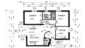 Grundriss einer Wohnung mit drei Zimmern, separatem WC und Küche auf 76,38m² Wohnfläche.