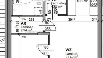 Detaillierter Grundriss einer Wohnung mit Wohnzimmer, Schlafzimmer, separater Küche, Bad und einer Loggia.