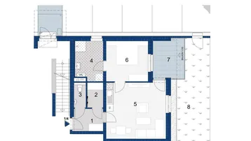 Grundriss des Erdgeschosses mit Wohnküche, Schlafzimmer, Bad, WC, Abstellraum, Terrasse und Garten.