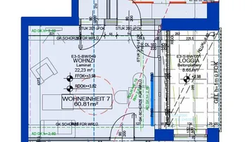 Grundriss der Wohneinheit 7 mit Wohnzimmer, Schlafzimmer, Küche, Bad und Loggia.